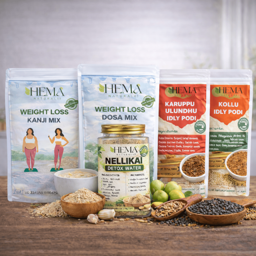 Kanji Mix + Dosa Mix + Nellikai Detox Water + Karuppu Ulundhu Idly Podi + Kollu Idly Podi
